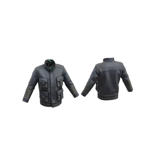 Vista frontal e traseira de um modelo 3D de jaqueta de couro preta masculina com múltiplos bolsos.