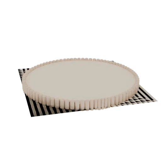 3D model of a round tart mold with a decorative fluted edge, resting on a striped surface.