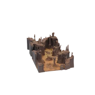 Modèle 3D d'un diorama de canyon désertique avec des falaises rocheuses et un terrain sablonneux, vu d'un angle légèrement él