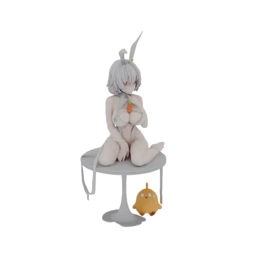 3D model of a grey-toned bunny girl character sitting on a table, holding a carrot, with a small yellow plush toy beside her.