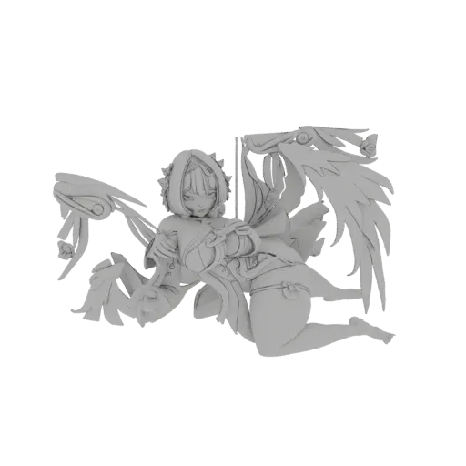 3D model render of a fallen angelic warrior kneeling with large wings spread, detailed armor, and a sorrowful expression.