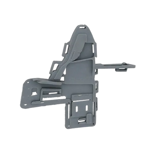 3D model of a complex gray geometric industrial bracket with interlocking parts and sharp angles, isolated on a white backgro