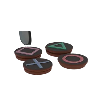 Un rendering 3D di quattro pulsanti del controller PlayStation: Cerchio, Croce, Quadrato e Triangolo, ciascuno su una base ma