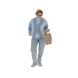 3D model of a person wearing a yellow beanie, a blue and white jacket, and light blue pants, holding a brown paper shopping b