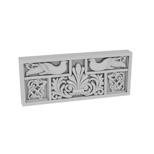 3D model of an Art Nouveau decorative panel featuring two birds, acanthus leaves, and Celtic knot designs, rendered in a neut