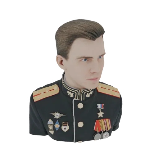 3D model of a Russian military officer bust wearing a dark uniform with gold trim and multiple colorful medals.