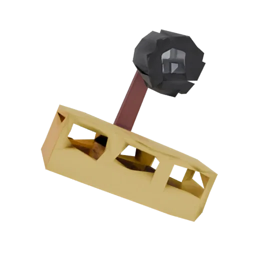 A low-poly 3D model of a ruined house with debris, rendered against a white background.