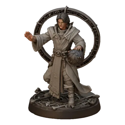 3D model of young mage in ceremonial robes holding magic orb, with arcane ring and magic circle base.