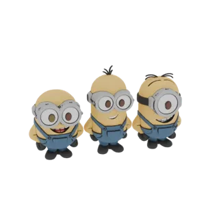 Ein 3D-Rendering von drei fröhlichen Minions in blauen Overalls, die zusammen vor einem weißen Hintergrund stehen.