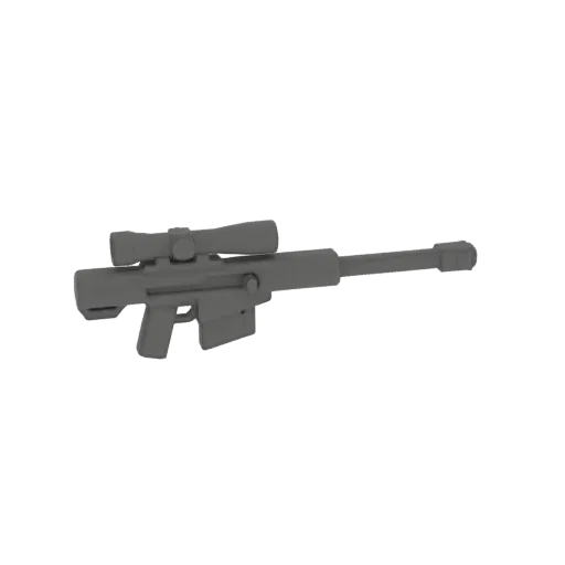 3D model of a gray sniper rifle with a scope, viewed from the side against a white background.