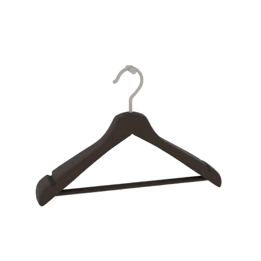 3D model of a classic wooden clothes hanger with hook and bar