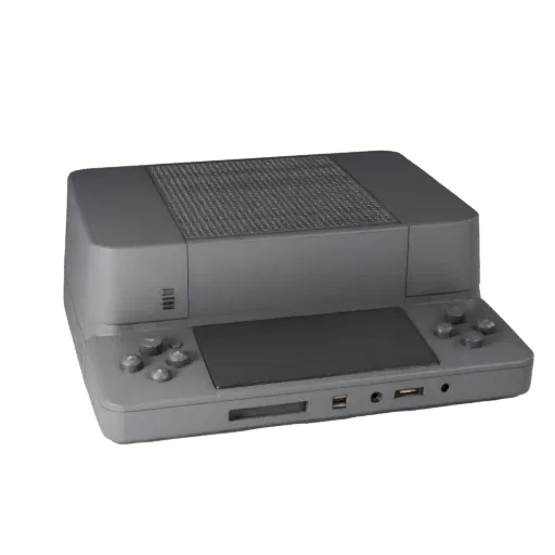 Next Gen Game Console 3D model, three-quarter front view, Unity viewport, showing matte plastic, console proportions.