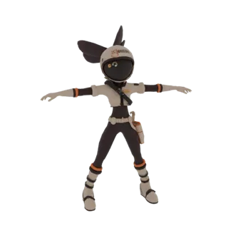 3D model of a stylized sci-fi courier character wearing a helmet and utility pouch, with arms outstretched in a T-pose.
