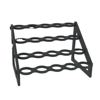 A 3D render of a dark, modern 4-tiered wine rack with a sleek, geometric design, suitable for storing wine bottles.