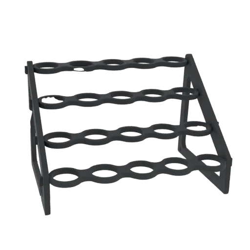 Ein 3D-Rendering eines dunklen, modernen 4-stufigen Weinregals mit einem schlanken, geometrischen Design, geeignet zur Aufbew