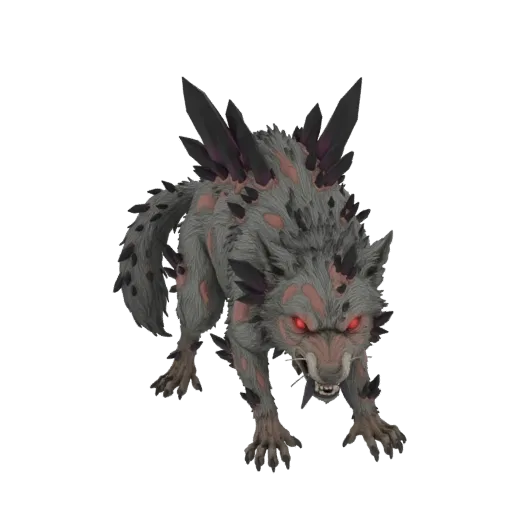 Modelo 3D de lobo gris con ojos rojos, cubierto de cristales negros y morados, en pose agresiva.