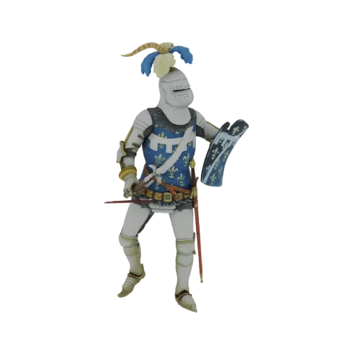 3D model of a French Knight in full plate armor, featuring a helmet with a plume and a surcoat with fleur-de-lis emblems, hol