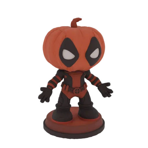 3D model of Deadpool wearing his iconic suit with a jack-o'-lantern for a head, standing on a circular base.