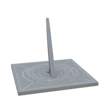 3D model of a sundial gnomon, grey, with clear lines and a marked base.