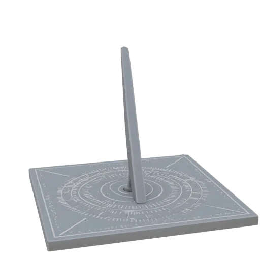 3D model of a sundial gnomon, grey, with clear lines and a marked base.
