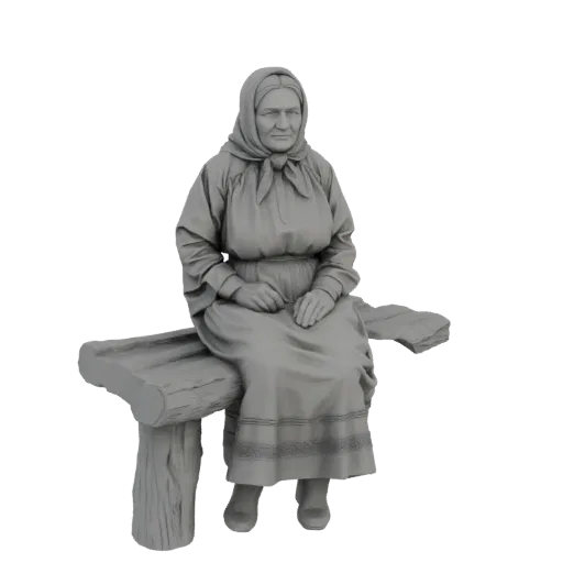 3D model of an elderly woman with a headscarf sitting on a rustic wooden bench, rendered in gray.