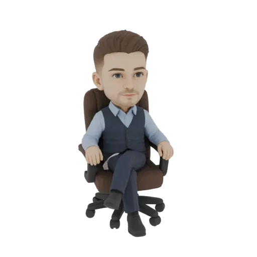 3D model of a stylized man in a blue shirt and vest, sitting with crossed legs in a brown office chair.