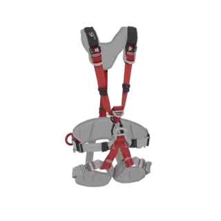 Modelo 3D de cinto de segurança profissional com alças cinzas e vermelhas, com fivelas ajustáveis e suporte acolchoado.