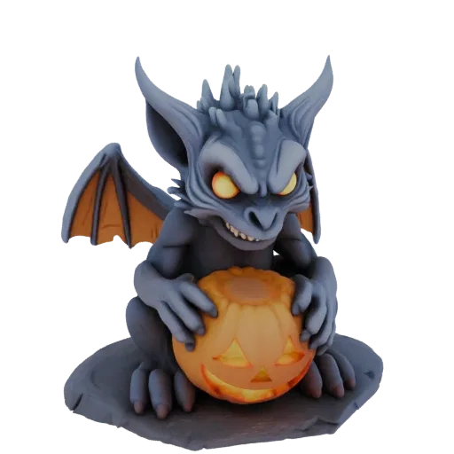 3D-Modell-Rendering eines grauen Gargoyles mit orangefarbenen Flügeln, der auf einem Felsensockel sitzt und einen leuchtenden