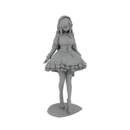 Modello 3D di un personaggio cameriera in stile Lolita in un rendering grigio, in piedi su una base.