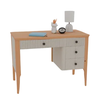 3D model of a modern minimalist desk with a light wood top, white drawers, a decorative lamp, a clock, and a pencil holder wi