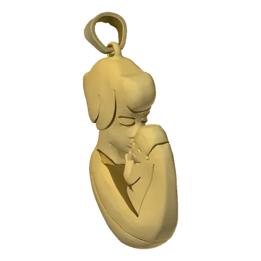 3D model of a mother tenderly embracing her baby, depicted as a pendant with a smooth, golden finish.