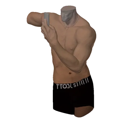 3D model of a male torso wearing black underwear, holding a smartphone to take a selfie, against a sandy background.