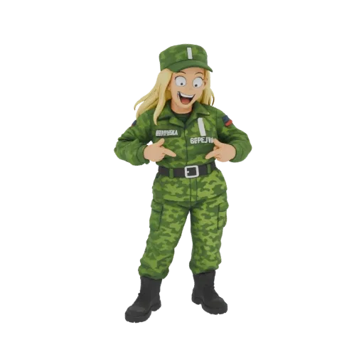 Modellino 3D di una ragazza soldato anime in uniforme mimetica verde, che si indica con espressione allegra.