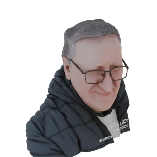3D model render of an elderly man with glasses, wearing a dark puffer jacket, against a black background.