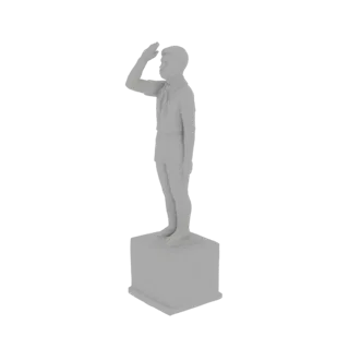 A 3D render of a scout boy figure in a saluting pose, standing on a square pedestal, against a white background.