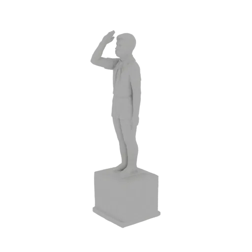 Una renderización 3D de una figura de niño explorador en pose de saludo, de pie sobre un pedestal cuadrado, contra un fondo b