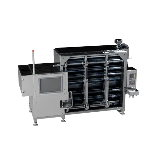 Automated Packing Machine High Poly 3D model, close-up studio render, showing painted steel, machine stations.