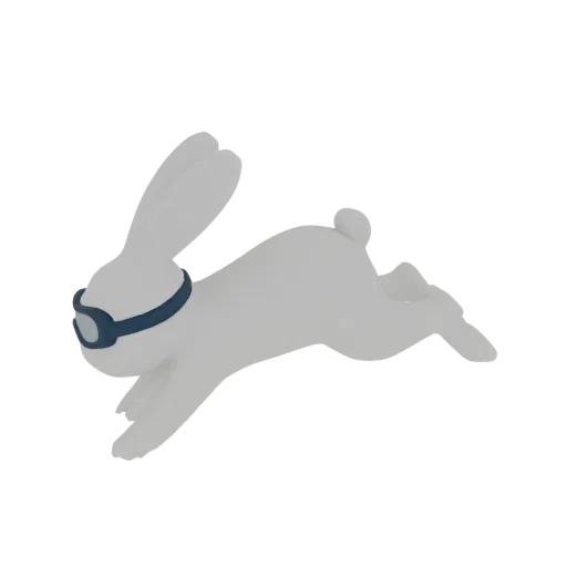 Modelo 3D de un conejo blanco con gafas azules, capturado en una pose dinámica de carrera sobre un fondo blanco.