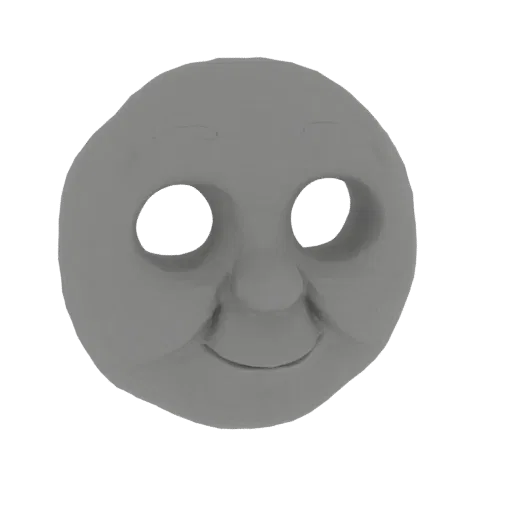 Un rendu 3D d'un visage de train cartoon stylisé gris avec de grands yeux et une bouche souriante.