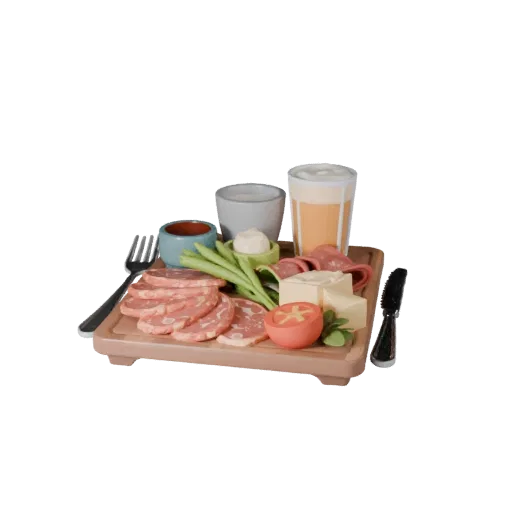 Cafe Charcuterie Board Stylized 3D model, stylized isometric render, showing ceramic, arranged serving layout.
