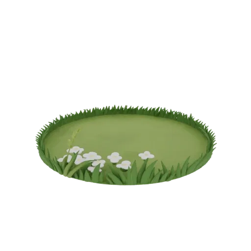 3D render of a circular meadow base with green grass and small white wildflowers, suitable for dioramas and miniatures.
