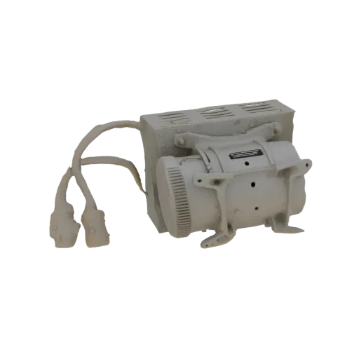 3D model of a vintage generator unit with two electrical cables and plugs, rendered in a neutral tone.