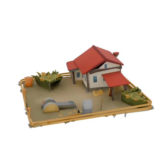 Um modelo 3D estilizado de uma fazenda caricata com telhado vermelho, cercada por uma cerca amarela, fardos de feno e comedou