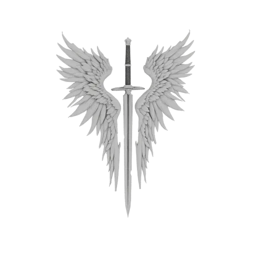 3D model of a sword with large, feathered angel wings forming an emblem, rendered in a light grey material against a black background.