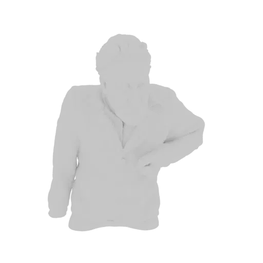 Renderização de modelo 3D de um homem usando uma jaqueta com botões, mostrado do peito para cima contra um fundo branco.