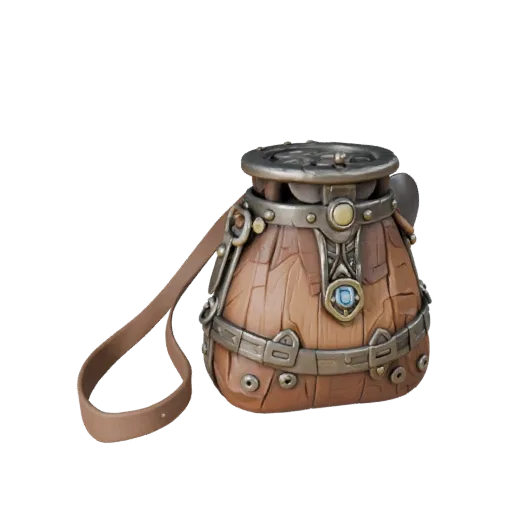 Fantasy Coin Pouch Realistic 3D model, three-quarter studio render, showing aged wood, clear pickup silhouette.