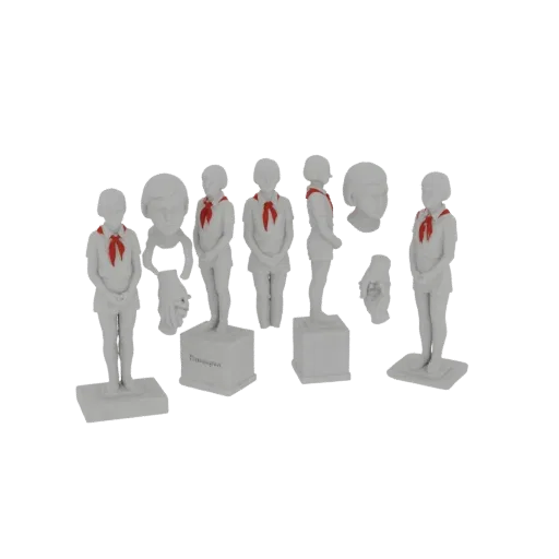 Modèle 3D d'une statue de Jeune Pionnier avec un foulard rouge, montré sous plusieurs angles sur fond blanc.