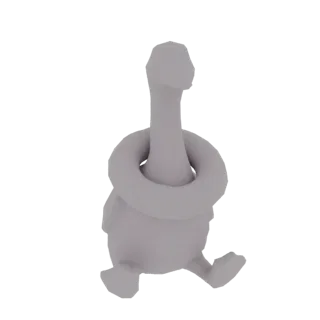 Modelo 3D de um ganso cinza com um anel ao redor do pescoço, visto de frente.