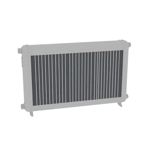 Modèle 3D de grille de radiateur de voiture, blanc, avec lamelles verticales sombres, sur fond blanc.