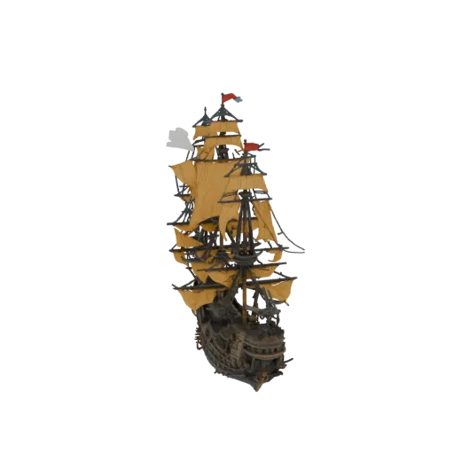 3D model of a wooden galleon with yellow sails against a black background